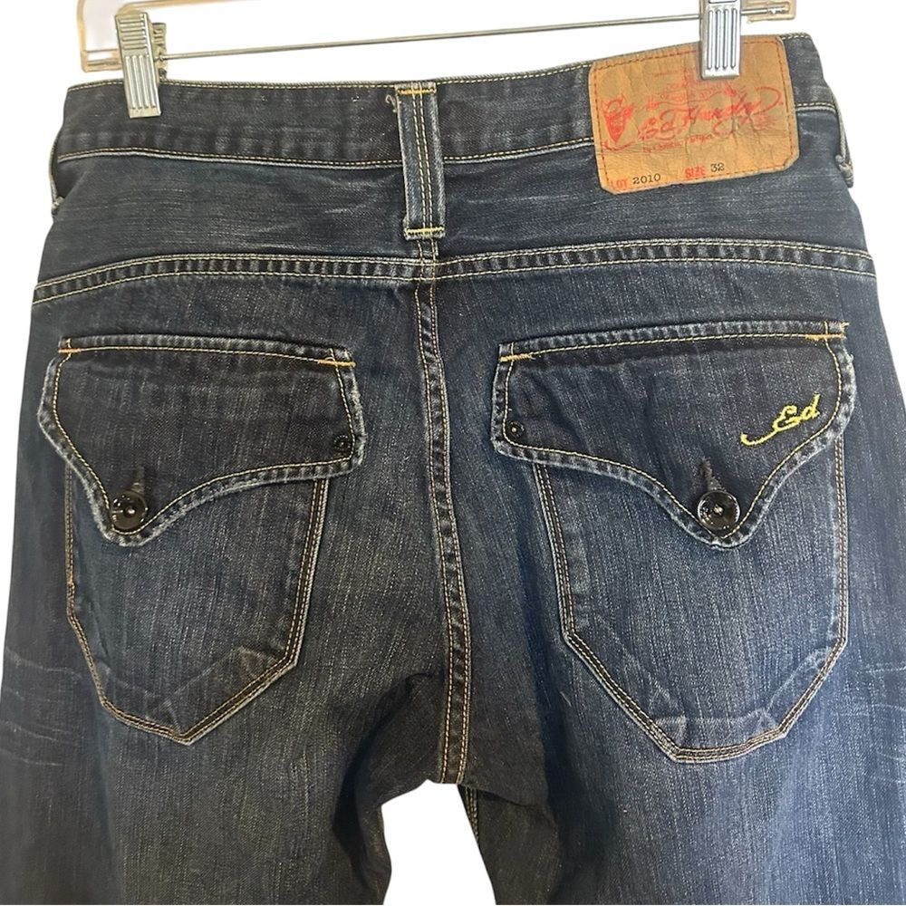 Ed Hardy Jeans Mens 32X33 Blue Button Fly Distressed Whiskered Hip Hop Audigier